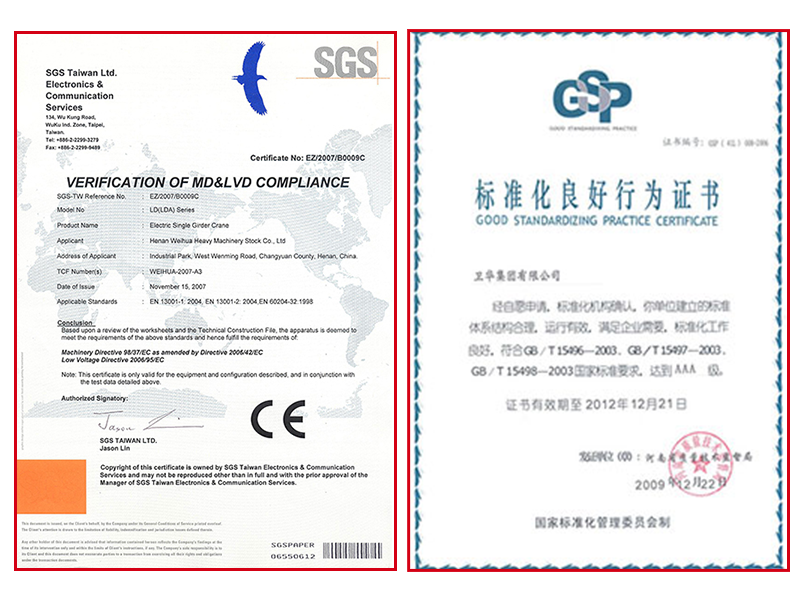 单梁桥机CE认证、标准化良好行为证书