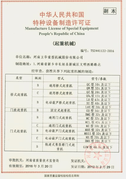 中国特种设备制造许可证